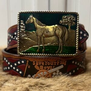 80s Rebel Confederate Flag Civil War Belt & Buckle 34 Vintage Western